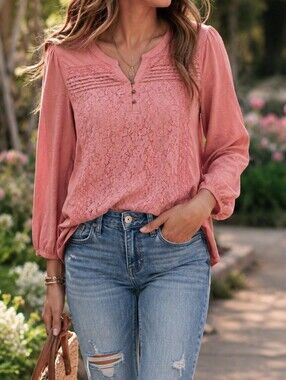 Style & Co. Pink Crochet Front Henley Tunic Boho Cottagecore 3/4 Sleeve Top